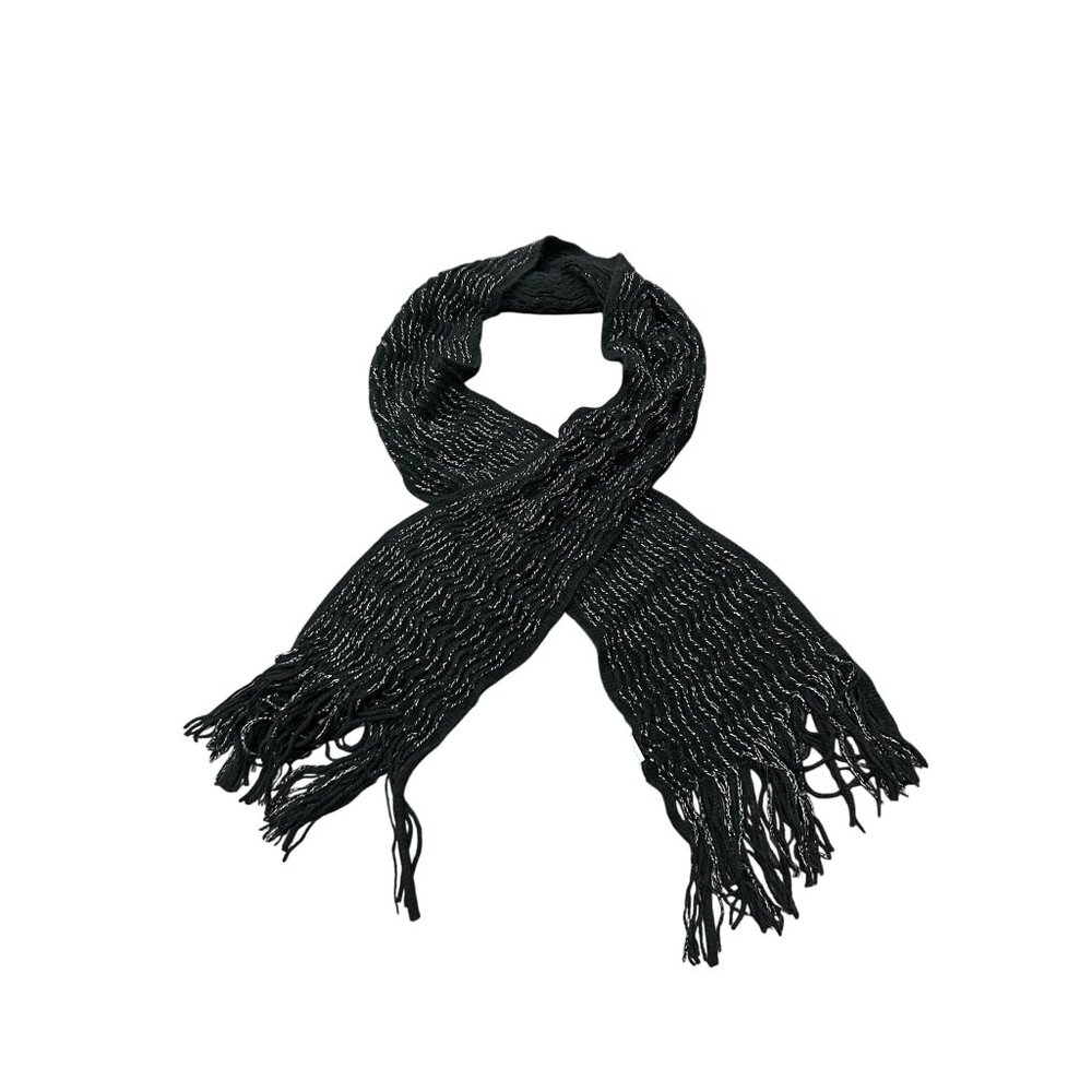 Black Silver Metallic Fringe Trim Scarf One Size Neck Wrap Shawl Acrylic Cozy